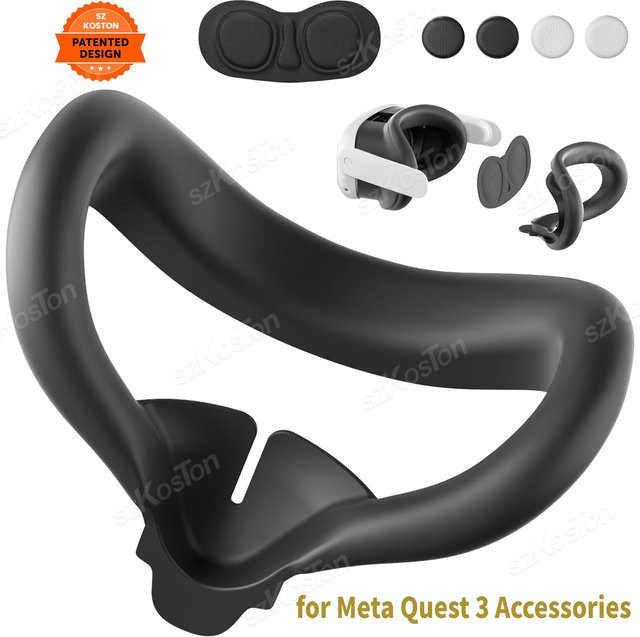 SZKOSTON Zubehör-Set für Meta Quest 3 in Schwarz mit Silikon-Gesichtspad, Objektivabdeckung und Controller-Joystick-Kappen - Bild 1