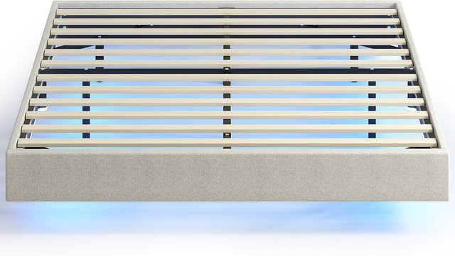 HOMCOM Schwebebett mit intelligenter LED-Beleuchtung und gepolstertem Rahmen in Leinenoptik, Beige, B/T: 160 x 200 cm - Bild 1