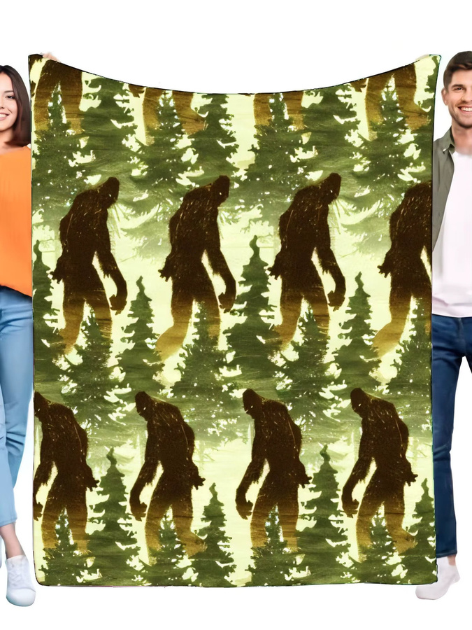 Gemütliche Baumwoll-Picknickdecke mit Bigfoot und Tannenmotiven in Grün für Camping und Outdoor-Aktivitäten - Bild 2