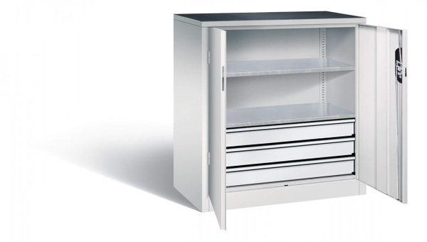 BIGBOXX Beistellschrank aus Metall in Weiß mit Schubladen und Türen für Garage und Werkstatt