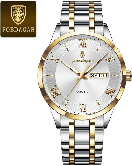 POEDAGAR Armbanduhr, Quarz, Edelstahl, weiß/gold, Herren, 42 mm - Bild 1