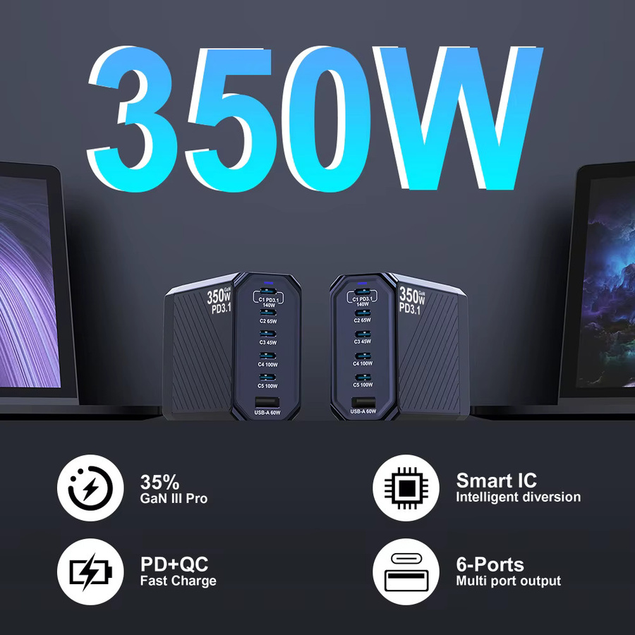 UBIGBUY 350 W GaN Schnellladegerät mit 140 W PD3.1 und QC PPS USB-Ladestation in Schwarz für MacBook Pro, iPhone, Samsung, Laptop und Tablet - Bild 2