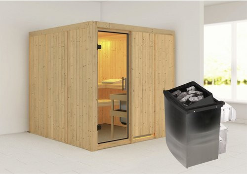 Karibu Sauna Valga aus Fichtenholz in Beige inklusive 9 kW Saunaofen mit integrierter Steuerung für 4 Personen, B/T/H: 196 x 198 x 196 cm - Bild 1