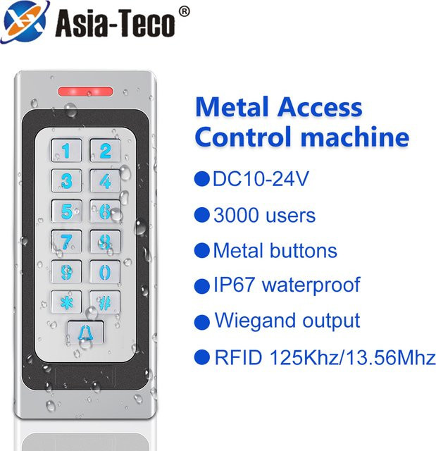 Asia-Teco RFID-Zugangskontrolltastatur aus Metall in Schwarz oder Silber, IP67 wasserdicht für den Außenbereich, Türöffner für elektrische Schlosssysteme mit 3000 Benutzer und 10 Schlüsseln - Bild 1