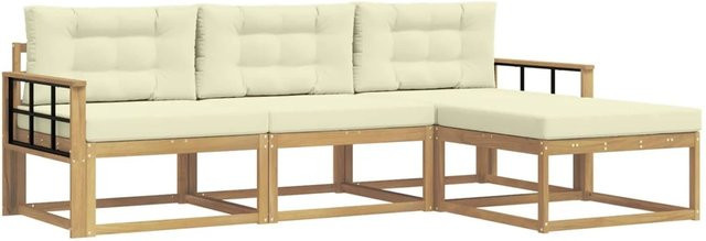 vidaXL Outdoor-Sofagarnitur 4-teilig in L-Form mit Ottoman, Weiß und Beige, Akazienholz und UV-beständigem Polyester - Bild 1