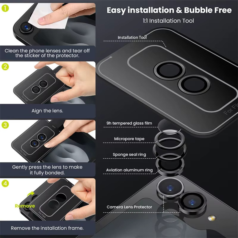 Metall-Ring-Kameraobjektivschutz für Samsung Galaxy Z Flip 7, 6, 5, 4 mit gehärteter Glasfolie in Schwarz - Bild 4
