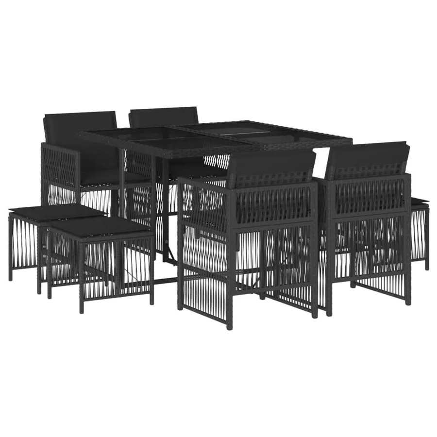 vidaXL 9-teilige Garten-Essgruppe aus Poly Rattan mit Kissen und Hartglas in Schwarz - Bild 2