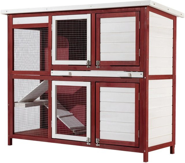 Wiltec Kaninchenstall aus Holz mit Drahtgitter, rot-weiß, B/T/H: 117,5 x 41,0 x 100,0 cm - Bild 1