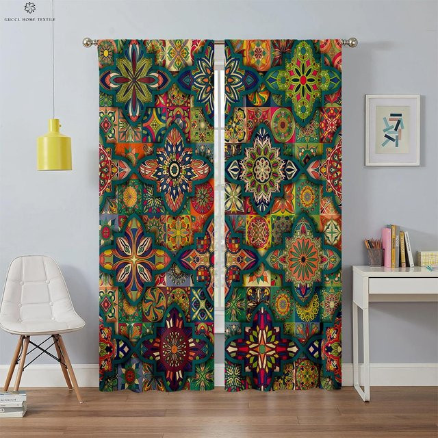 Bohemian Fenstergardinen mit buntem Muster, 2er-Set halbtransparente Vorhänge aus Polyester, Breite: 50 cm, Höhe: 130 cm - Bild 1