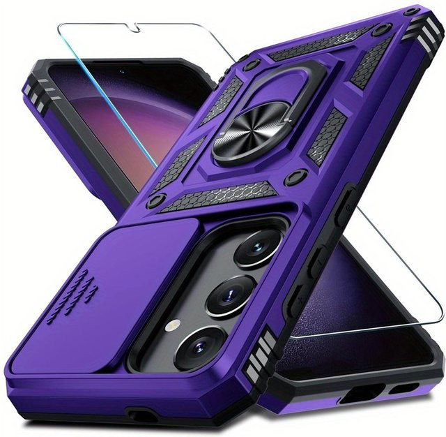 Samsung Schutzhülle für Galaxy S25 S24 S23 S22 S21 S20 FE 5G mit Displayschutz aus gehärtetem Glas, Ring-Kickstand und Schiebekameraabdeckung in Violett - Bild 1