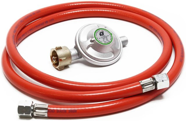 Wiltec Gasregler Druckminderer 50 mbar mit Propanschlauch 200 cm in Silber und Rot - Bild 1