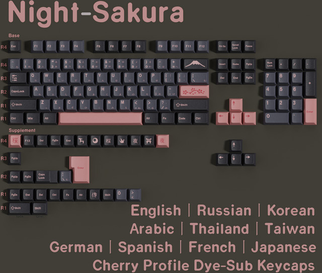 Jaycomia Nacht Sakura PBT Tastenkappen im Kirschprofil mit verschiedenen Sprachlayouts für MX-Schalter - Bild 1