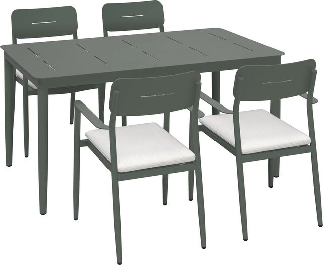 5-teilige Esstischgruppe Claremont für Garten, Terrasse und Balkon aus Stahl und Polyester in Grün-Grau und Cremeweiß - Bild 1