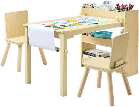 VEVOR Kindertisch Set mit 2 Stühlen und 3-stöckigem Aufbewahrungsschrank aus Holz in Hellbeige und Weiß - Bild 1