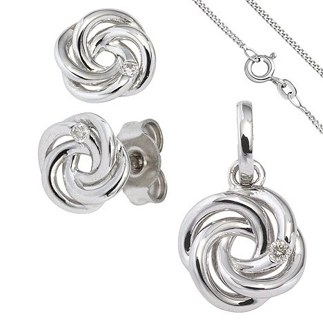 Colfem Schmuck-Set Knoten, 585 Weißgold, 3 Diamanten, Ohrringe und Kette, 45 cm - Bild 1
