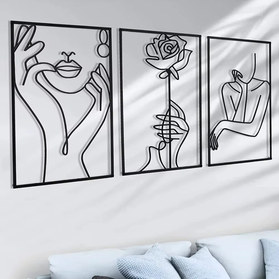 CIFBUY Abstrakte Wanddekoration aus Metall in Schwarz mit weiblicher Silhouette und Linienkunst für modernes Wohnzimmer - Bild 2