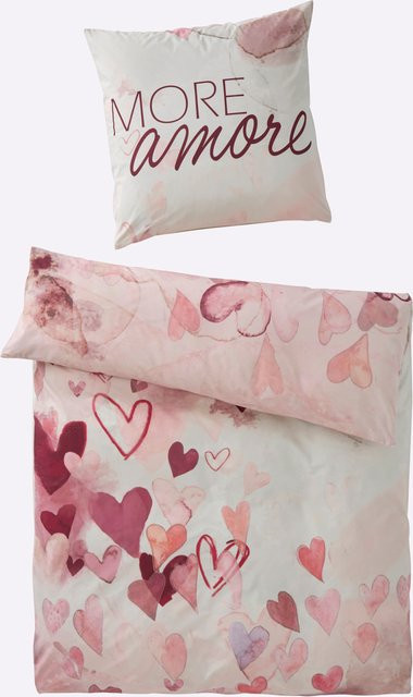 Heine Home Bettwäsche aus 100% Baumwolle mit Herz-Motiven in Pink, Reversible Renforcé Bettwäsche mit Reißverschluss - Bild 1
