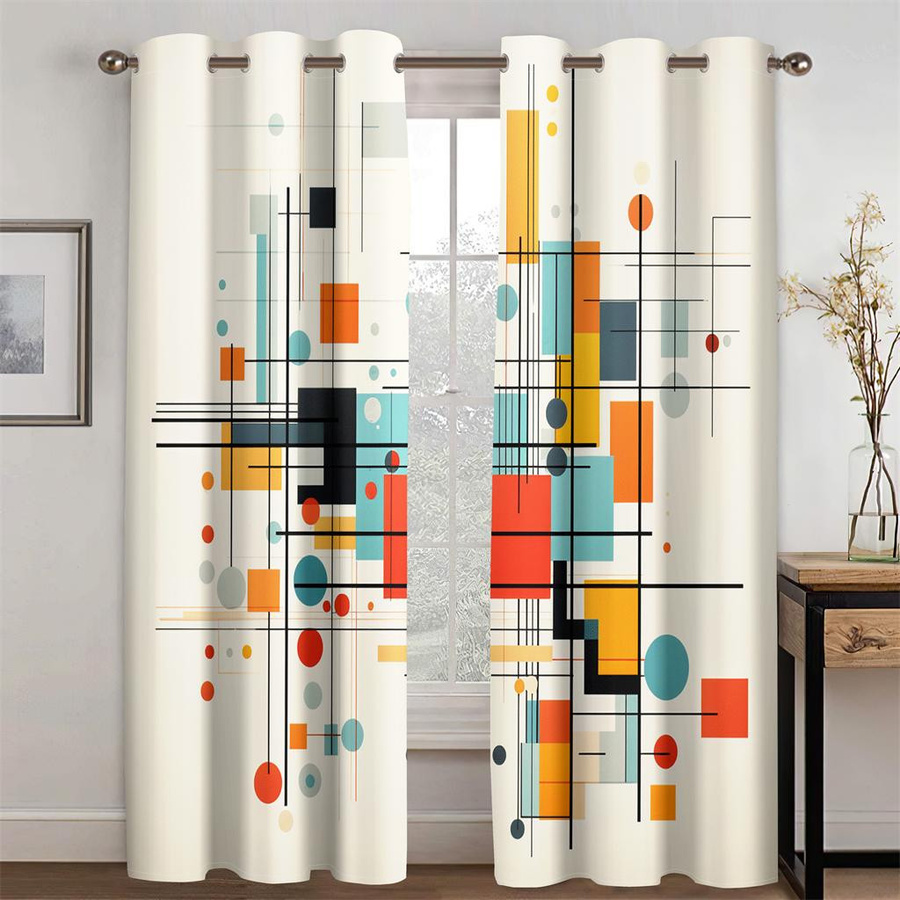 2er-Set bunte Vorhänge mit geometrischem Muster aus Dreiecken und Kugeln, semi-transparent, Mehrfarbig, Breite: 50 cm, Höhe: 130 cm - Bild 1