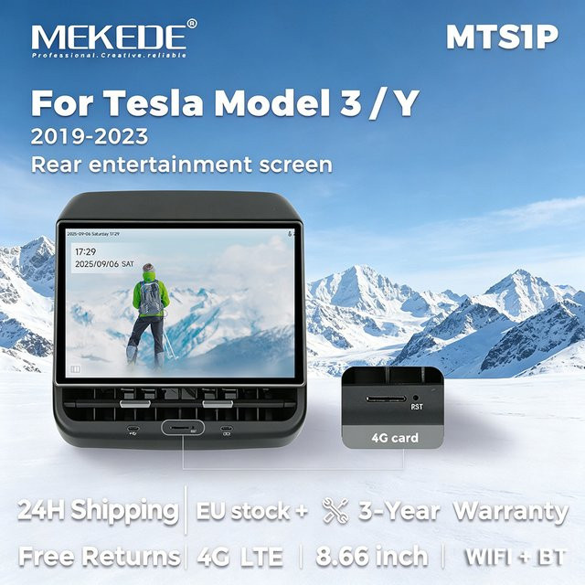 MEKEDE Heckdisplay für Tesla Model 3/Y 2019-2023, 8,66 Zoll Android Entertainmentsystem mit 4GB+64GB, Schwarz, unterstützt 4G und WIFI - Bild 1
