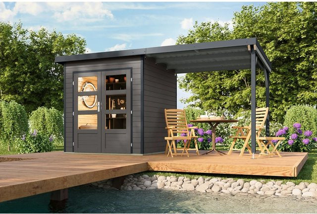 Karibu Gartenhaus Domingo 1 B mit Anbaudach in Grau-Anthrazit - Bild 1