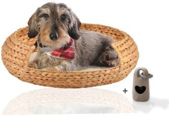 Rohrschneider Hundekorb rund aus geflochtener Wasserhyazinthe in Beige mit abnehmbarem Bezug und erhöhtem Rand - Bild 1