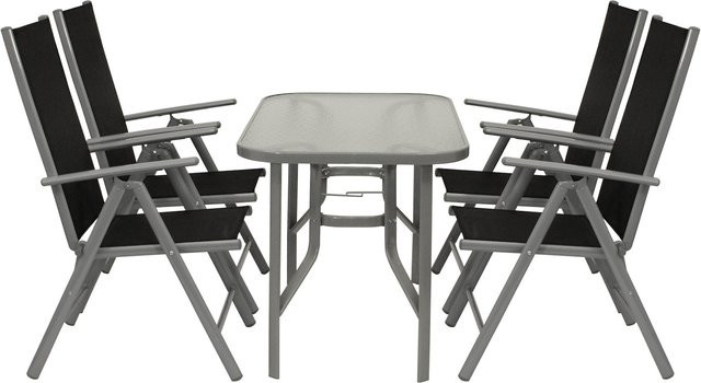 DEGAMO Gartengarnitur RAVENNA 5-teilig in Grau mit Glastisch und Klappsesseln aus Alu und Textil, Tisch B: 120 cm, T: 70 cm - Bild 1