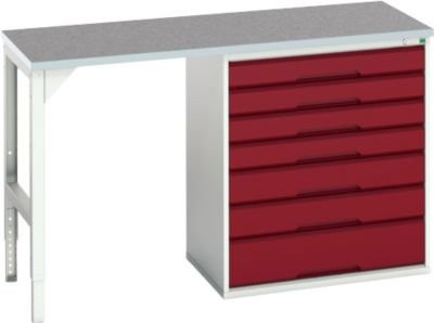 Unterbauwerkbank Bott verso mit Linoleum-Platte und 7 Schubladen, Lichtgrau / Purpurrot, B/T/H: 150 x 60 x 93 cm - Bild 1
