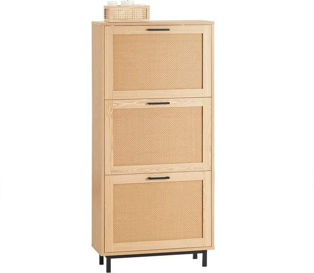 SoBuy Schuhkipper Schuhschrank mit 3 Klappen in Natur und Beige, Modell FSR155-N, mit Rattan-Optik, Höhe: 127 cm, Breite: 60 cm, Tiefe: 24 cm - Bild 1