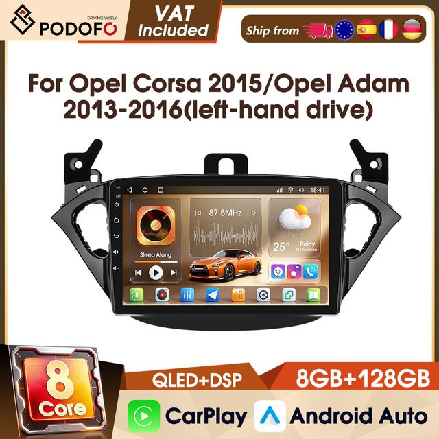Podofo 8-Kern Autoradio mit 9 Zoll IPS Bildschirm für Opel Corsa 2015 und Opel Adam 2013-2016, 8+128G, 4G WIFI GPS DAB AM FM RDS, Schwarz - Bild 1