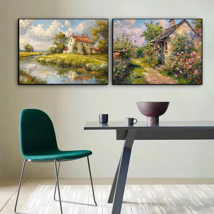 Potdemiel Leinwand Kunstposter Retro Frühling Garten mit Romantischer Hütte und Blumen in Mehrfarbig - Bild 2