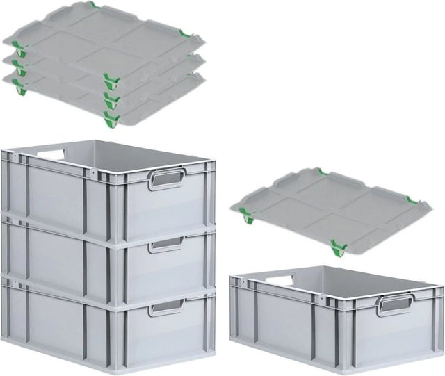 PROREGAL SuperSparSet 4x Eurobox NextGen Grip mit Auflagedeckel und grünen Schiebeschnappverschlüssen, Grau, H x B x T: 22 x 40 x 60 cm - Bild 1