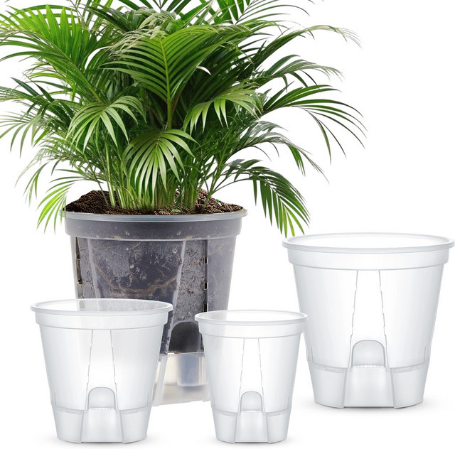 5er Set ROURKE selbstbewässernde Blumentöpfe aus Kunststoff, transparente Pflanzgefäße mit Reservoir für Innenpflanzen und Orchideen - Bild 1