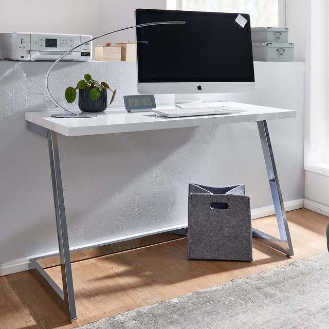 FineBuy Schreibtisch in Hochglanz Weiß mit Metallgestell, B/T/H: 120 x 55 x 76 cm - Bild 1
