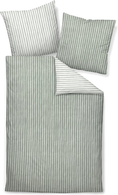 Bettwäsche DAVOS Biber Grün Gestreift mit Reißverschluss, Material: Baumwolle, B/H: 155 x 200 cm, Kissen: 80 x 80 cm - Bild 1