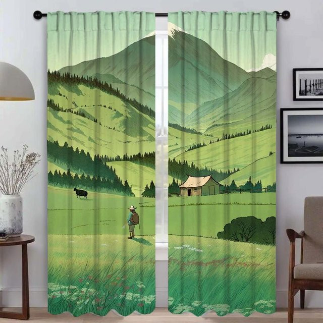 Graslandvorhänge für Wohnzimmer und Zimmer, 2 Paneele, semi-transparent, grün, B: 60 cm, H: 90 cm - Bild 1