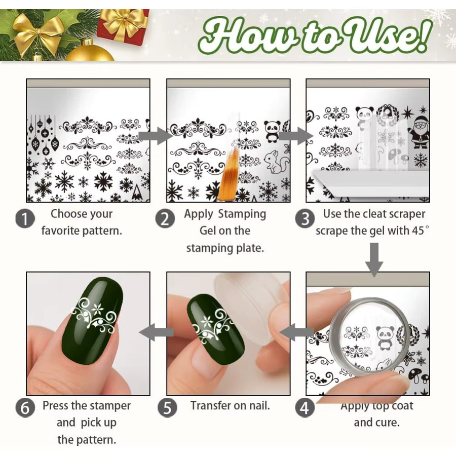3er Set Weihnachts Nagelstempel Platten mit Motiven wie Schneeflocken, Tannenbaum, Weihnachtsmann und Glocken aus Metall - Bild 2