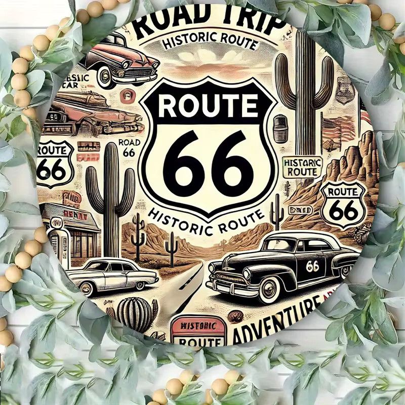 Potdemiel Vintage Route 66 Metallwandschild aus Aluminium, rund, Durchmesser: 20,3 cm, mit klassischen Autos, Kakteen und Road Trip Motiven - Bild 2