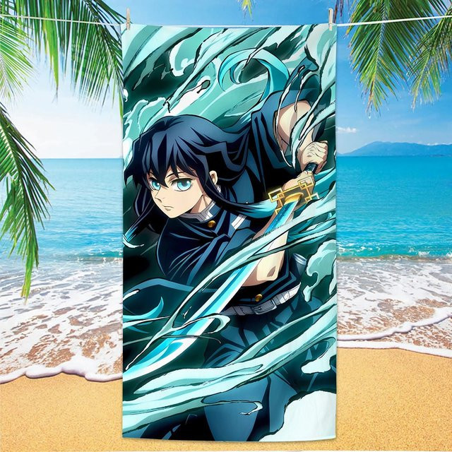 Sega Demon Slayer Anime Strandtuch aus Mikrofaser, schnelltrocknend und saugfähig, Multicolor, B: 80 cm, H: 40 cm - Bild 1