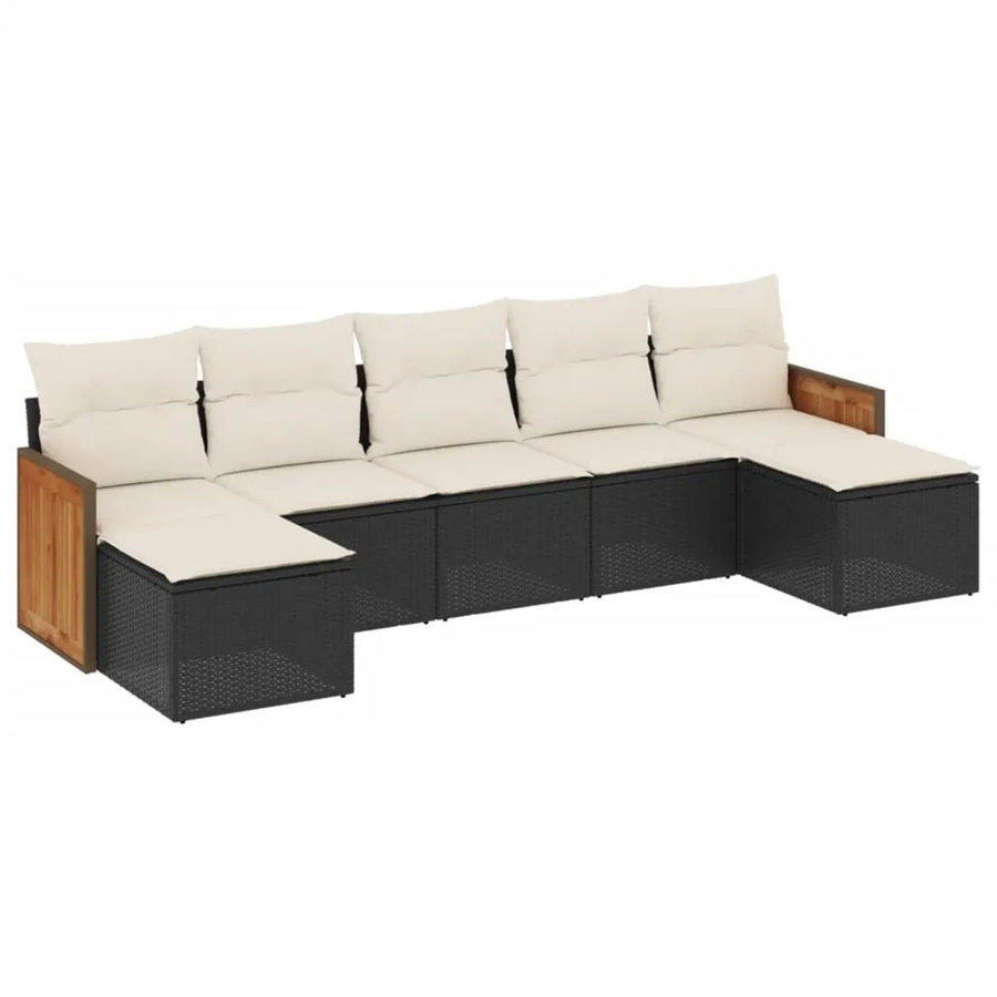 vidaXL 7-tlg Garten-Sofagarnitur in L-Form mit Kissen und Ottoman, Schwarz, Poly Rattan und Metallrahmen - Bild 2