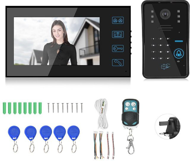 GoolRC Video-Türsprechanlage mit 7-Zoll-Display, Kabelanschluss, Passwortkarte, Fernbedienung und Nachtsichtfunktion in Schwarz - Bild 1