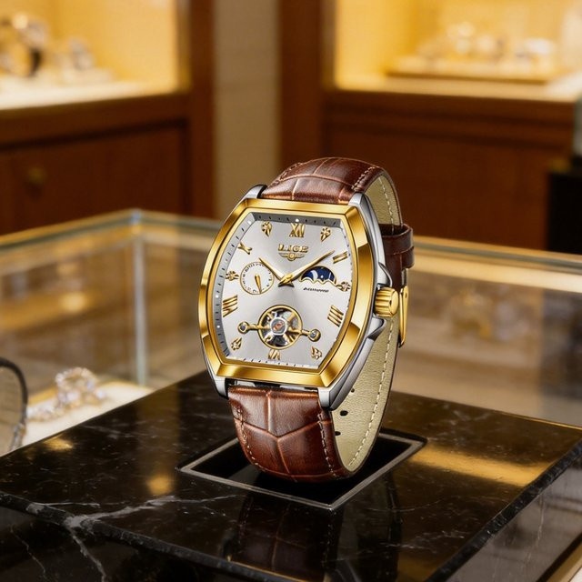 LIGE Armbanduhr Automatik, Tonneau, Edelstahl, Leder, Gold, Herren - Bild 1