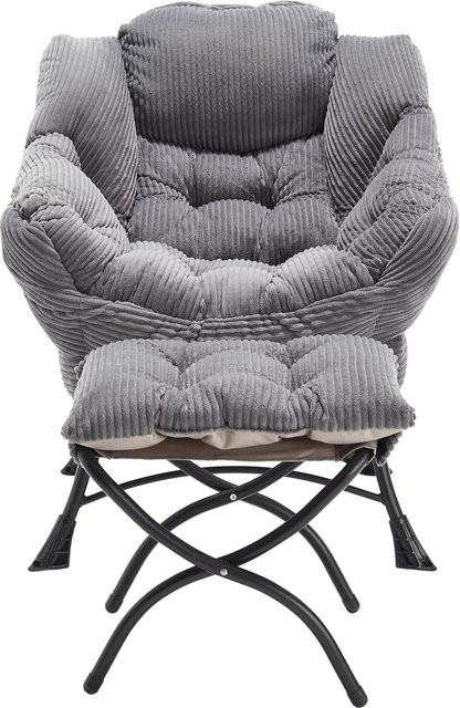 Moderner Lounge-Sessel mit Hocker und Seitentasche in Grau mit Flanellbezug, B/T/H: 69,9 x 64,0 x 95,0 cm - Bild 1