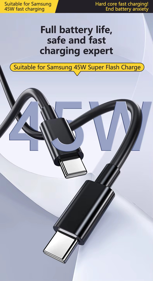 3CPS Dual USB-C Schnellladekabel 45W 5A in Schwarz für Samsung S24 S23 S22 Plus Note 20 Ultra und A55 A54 A53 Datenkabel - Bild 2
