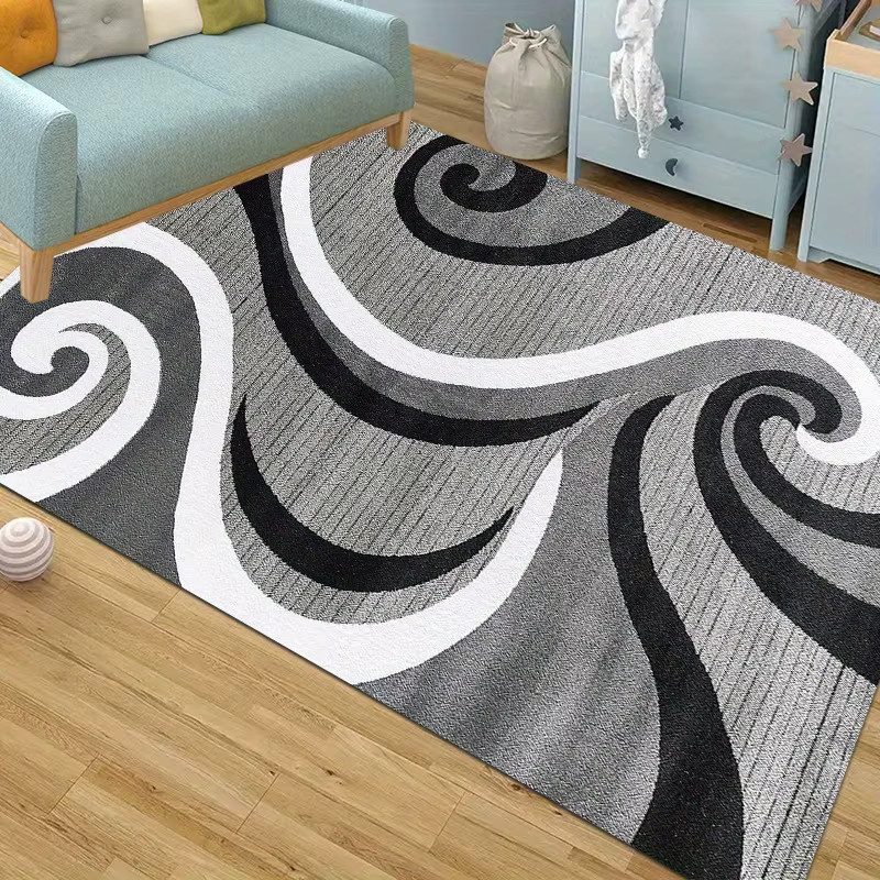 VIKAMA Moderner Geometrischer Teppich mit Wirbelmuster in Grau-Schwarz-Weiß, Abstrakter Druck, Rutschfest und Waschbar - Bild 4