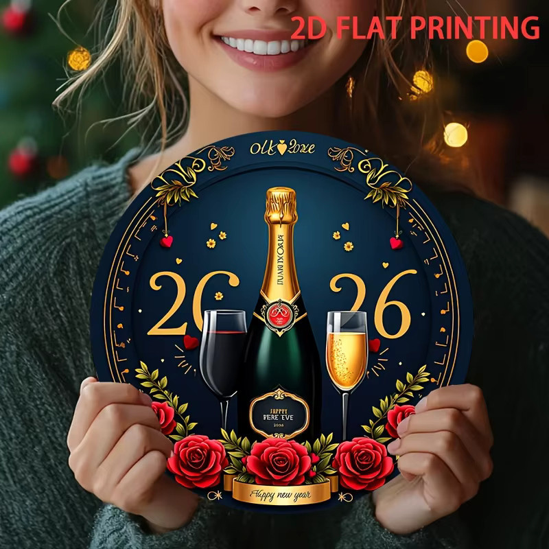 Dekoratives Silvester-Schild von Potdemiel mit Champagner-Toast-Design in Marineblau und Gold, rund, aus Metall - Bild 2