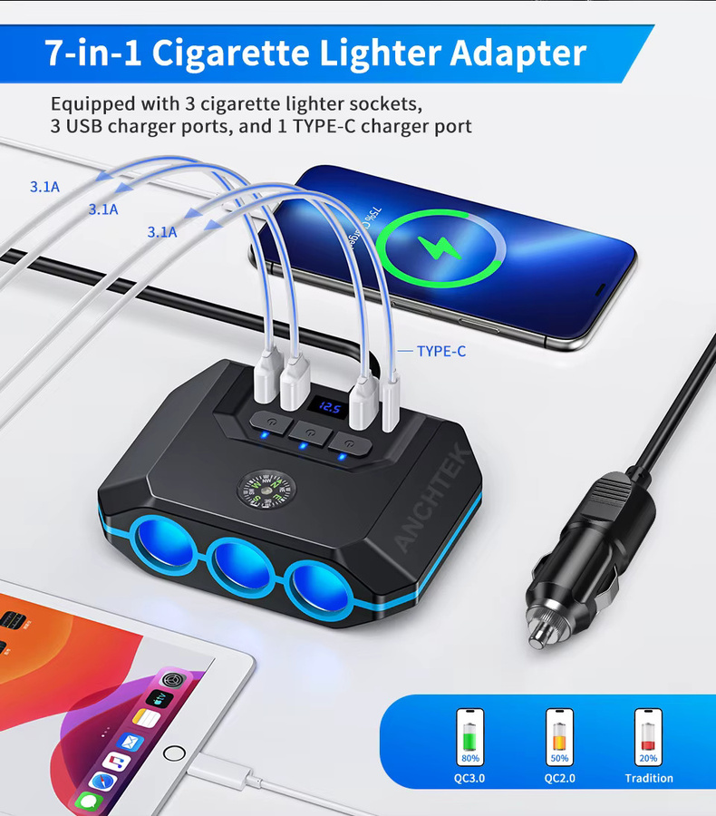 Anchtek 120W Auto Zigarettenanzünder Adapter mit USB-Schnellladegerät und LED-Voltmeter in Schwarz - Bild 2