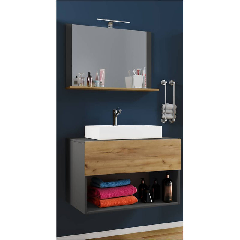 VCM Badmöbel Set Lendas II 3-tlg. in Eiche Honig Nachbildung und Anthrazit mit Unterschrank, Waschbecken und Spiegel, B/H/T: 80 x 107 x 52 cm - Bild 3