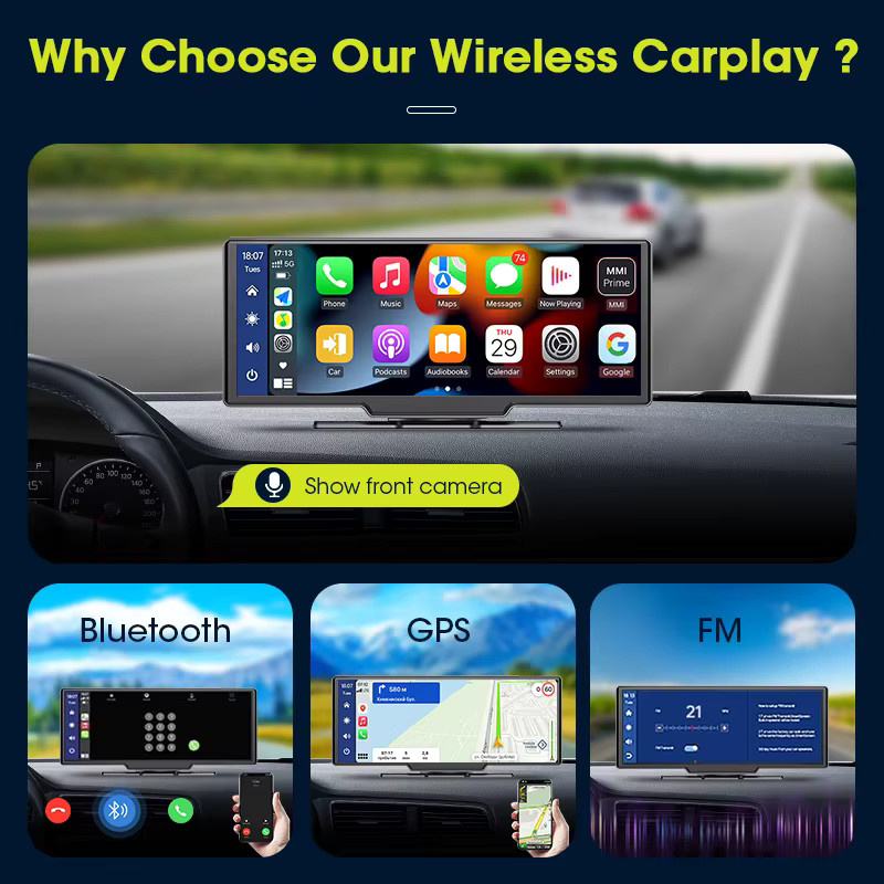 Jansite 4K Dashcam mit 10,26 Zoll Display, Auto-DVR mit Wireless CarPlay und Android Auto, GPS, Bluetooth 5.0, WLAN und Nachtsicht in Schwarz - Bild 3
