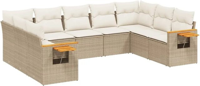 vidaXL 9-tlg. Garten-Sofagarnitur L-Form aus Poly-Rattan und Akazienholz in Beige mit Kissen - Bild 1
