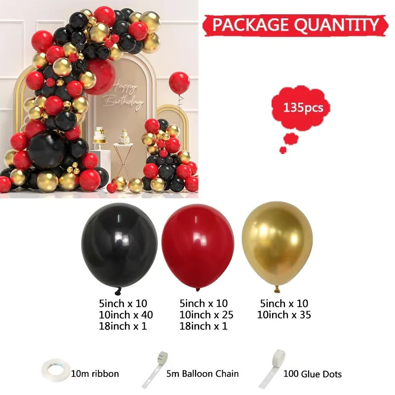 135-teiliges LQVYI Party-Dekorationsset mit runden Latexballons in Schwarz, Rot und Gold für Abschlussfeiern, Hochzeiten, Babypartys oder Geburtstage - Bild 5